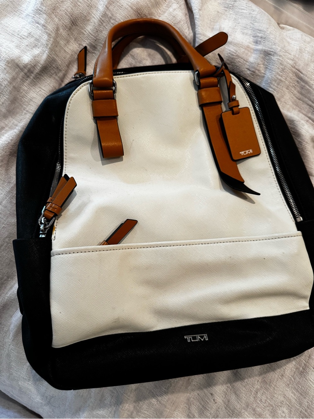 Tumi Black & White Backpack with Tan Leather Accents